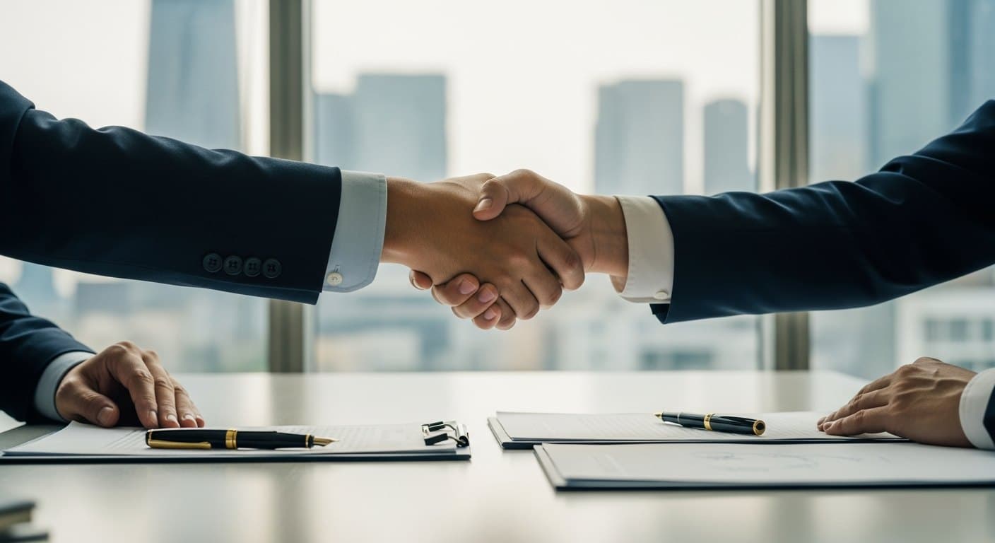 ホーチミンの高層オフィスで日越の経営者が握手を交わす、信頼感のあるビジネスシーン