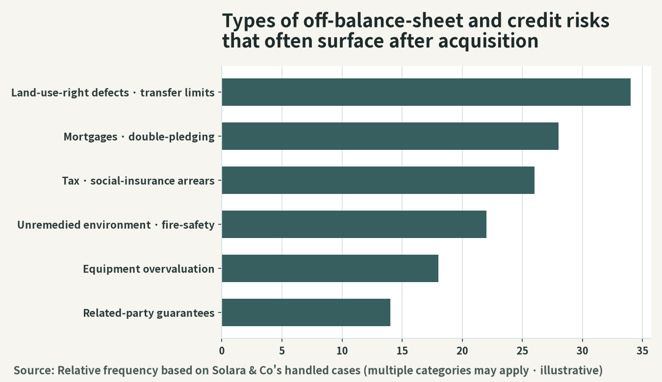 Categories of off-balance-sheet and credit risks that tend to surface after acquisition (relative frequency based on Solara's handled cases)