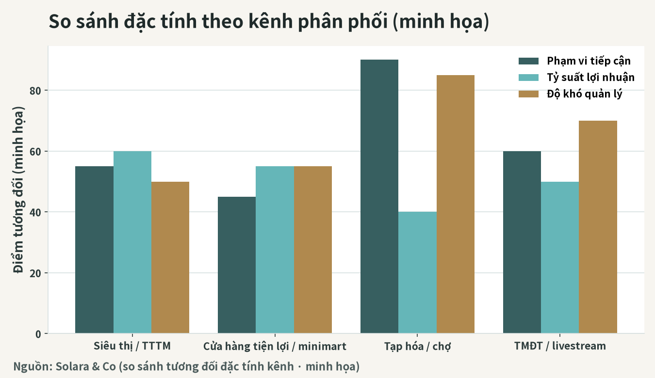 So sánh đặc tính theo từng kênh (hình minh họa phạm vi tiếp cận, biên lợi nhuận, độ khó quản lý)