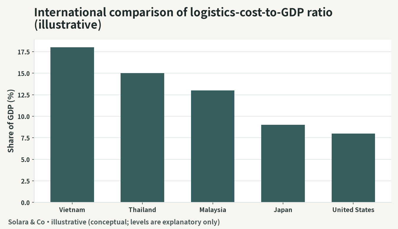 Conceptual image of an international comparison of logistics costs as a share of GDP (illustrative)