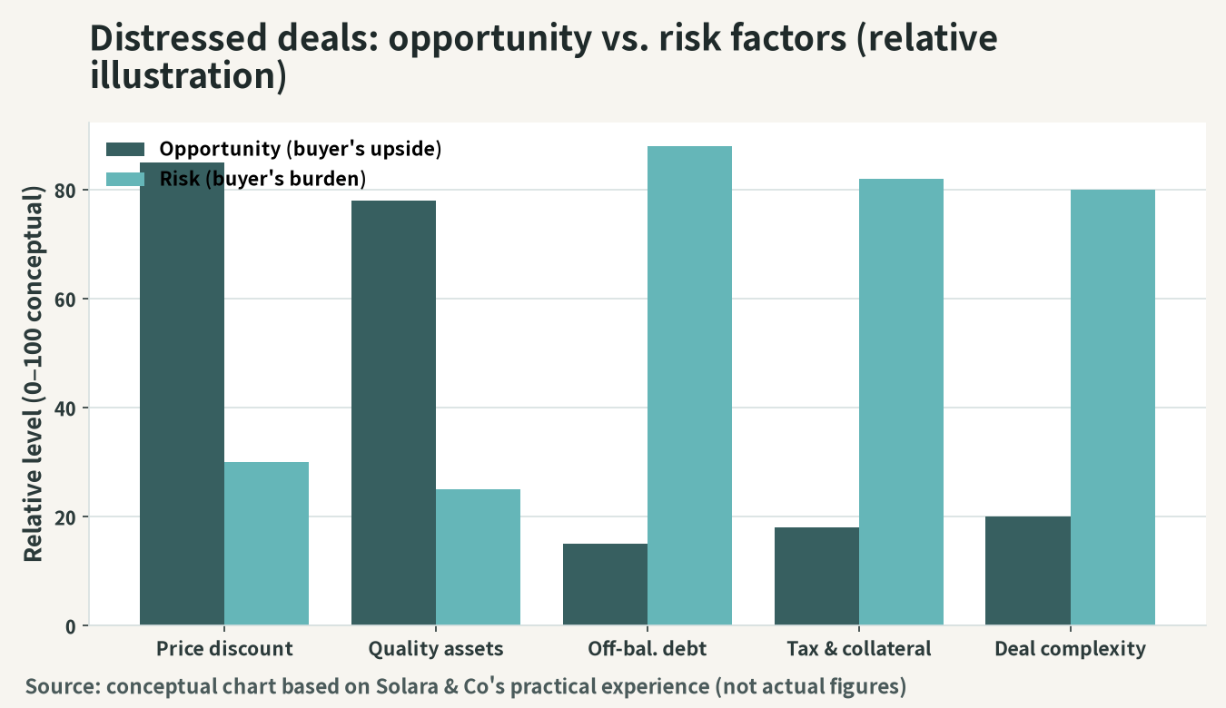 Contrast of opportunity factors and risk factors in distressed deals (illustration)