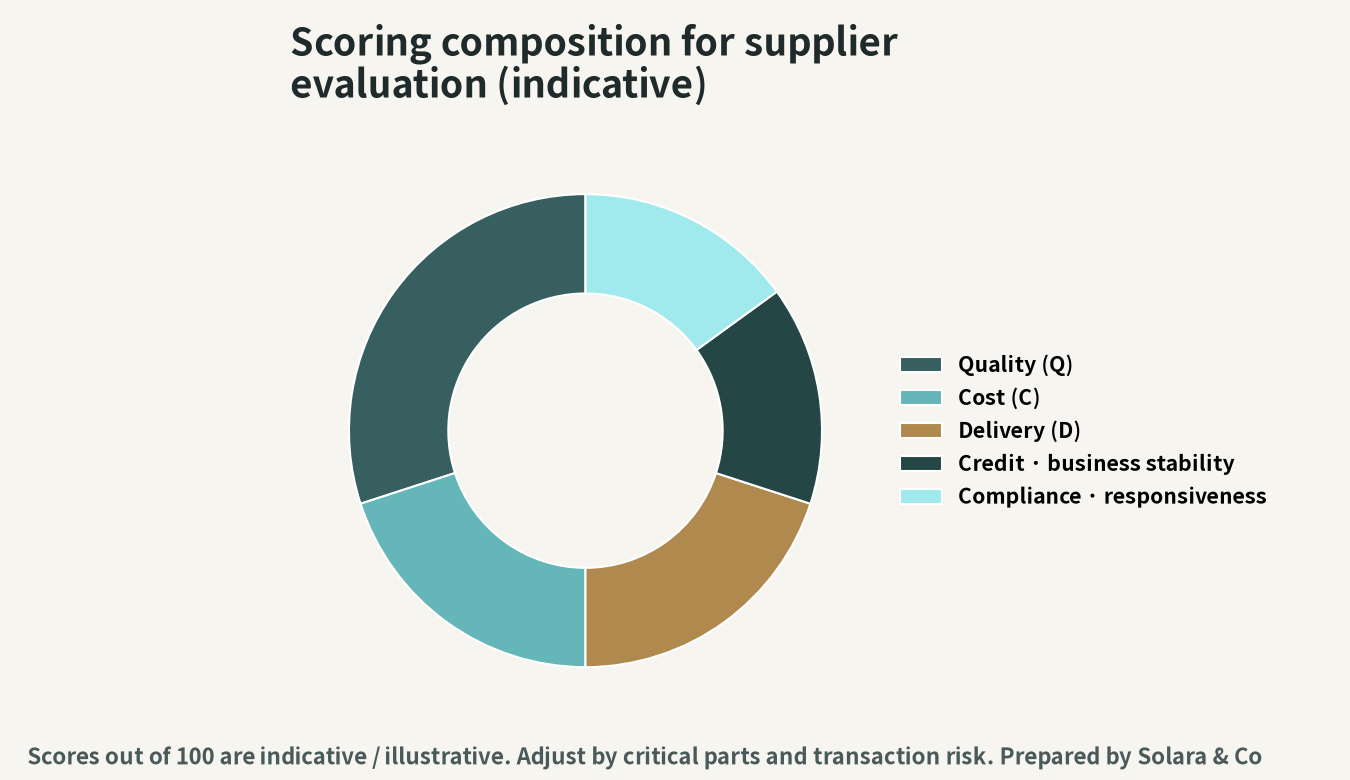 Composition of the supplier evaluation score allocation (quality, cost, delivery, credit, responsiveness)—for reference